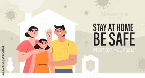 Happy healthy family stay at home in isolation on quarantine during coronavirus or covid19 pandemia. Be safe or protect yourself concept. Mother father and daughter spend time together in their house.