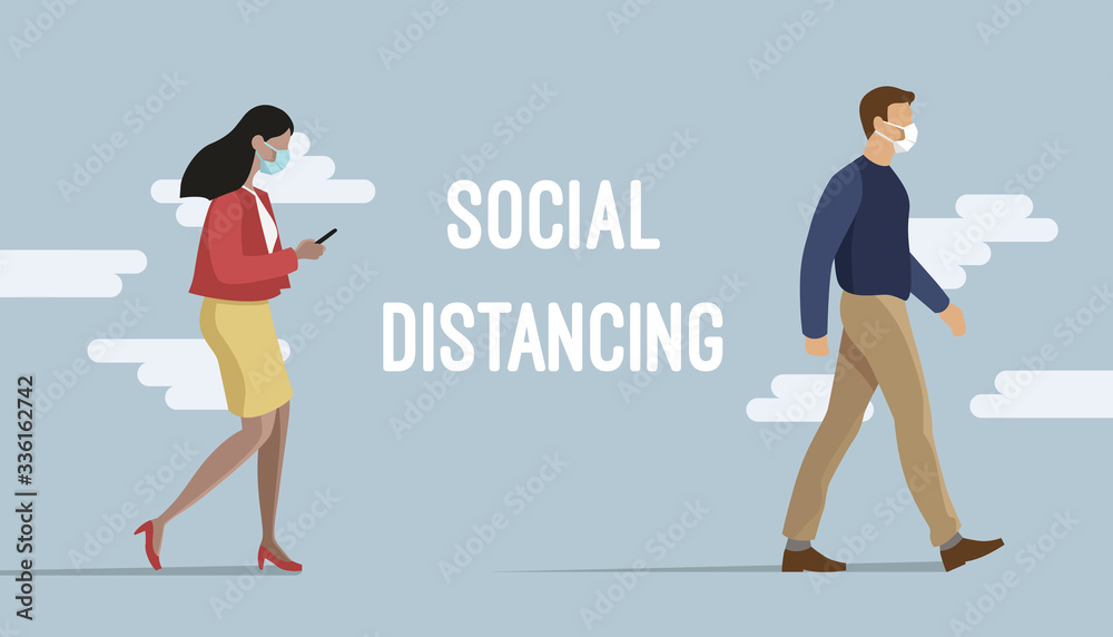 Flat walking people with protective face masks - social distancing illustration Flat walking people with protective face masks - social distancing illustration