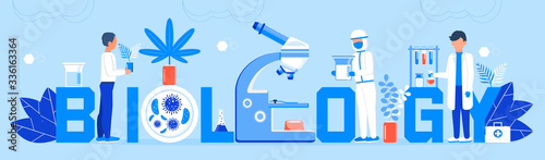 Biology online learning concept. Biological technology, biotechnology science vector. Tiny scientists study microorganisms in microscope. Medical research illustration for homepage