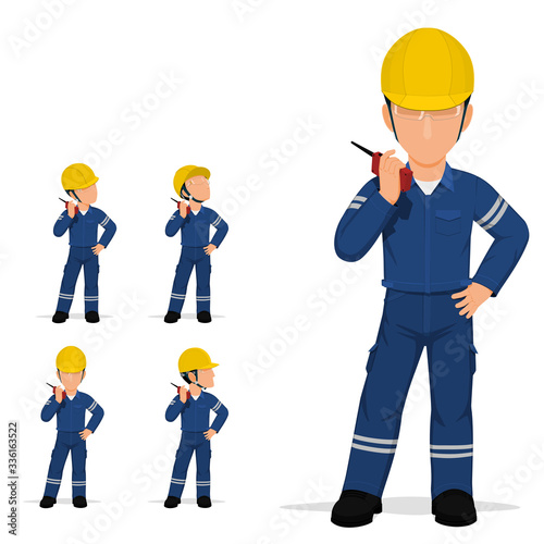 Set of worker is talking with the walkie-talkie.