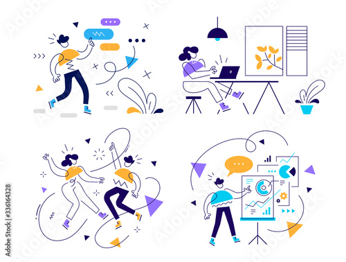Vector set of creative business illustration of communication of people team at place work. Woman with laptop and man near flipchart board on white background. Report of financial analytics.