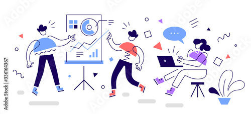 Vector creative business illustration of geometric woman with laptop and man near flipchart board on white background. Communication of people at place work. Report of financial analytics.