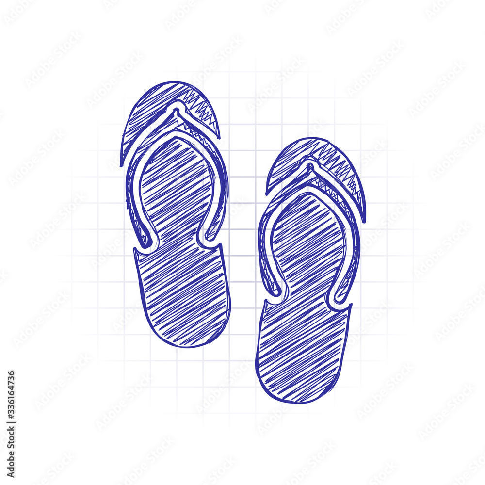Beach slippers. Flip flops icon. Hand drawn sketched picture with scribble fill. Blue ink. Doodle on white background Beach slippers. Flip flops icon. Hand drawn sketched picture with scribble fill. Blue ink. Doodle on white background