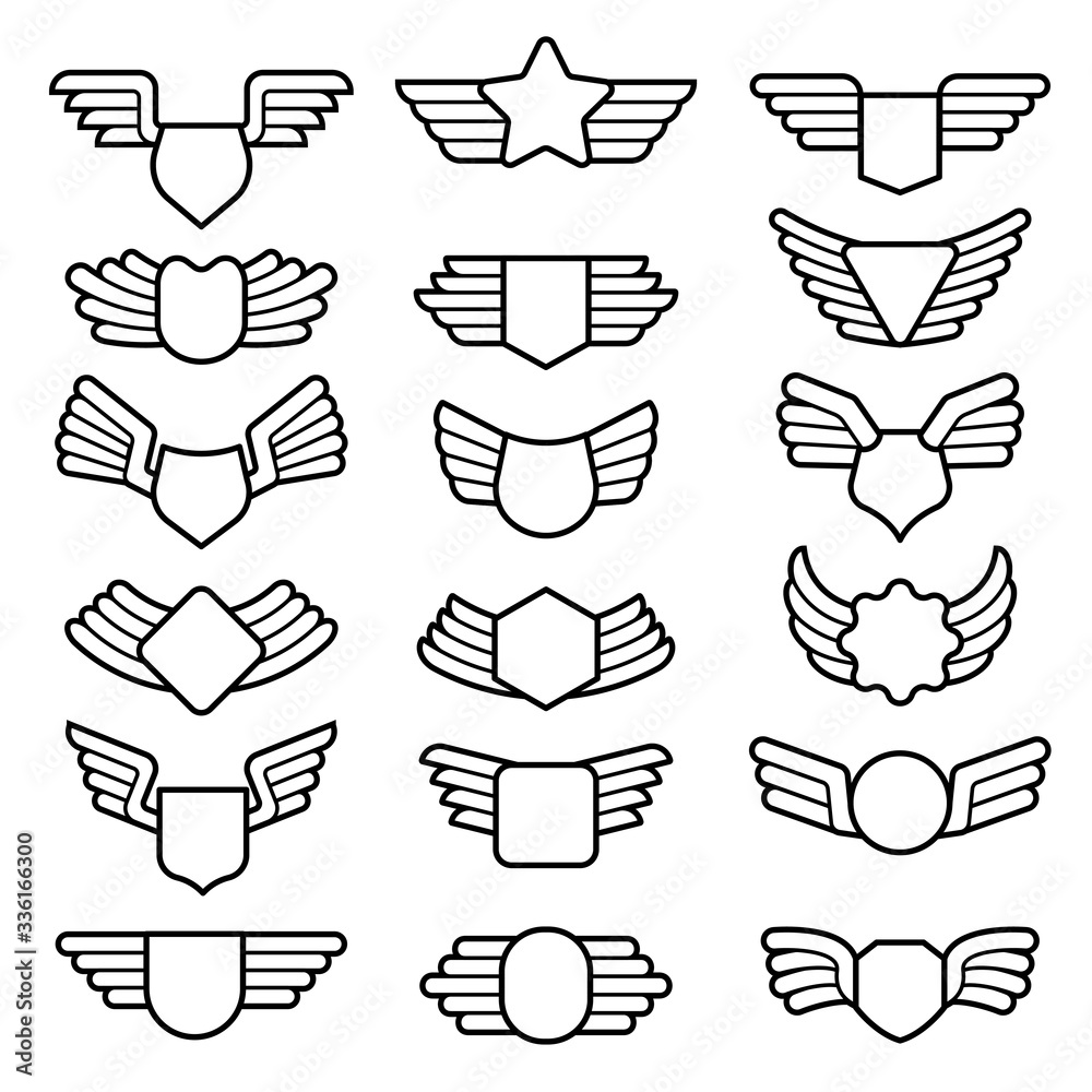 Fototapeta premium Wings shields. Air army emblems or badges flight corporate insignia vector templates collection. Shield emblem military, collection heraldic tattoo winged illustration