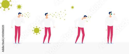 Coronavirus: set of character coughing, sneezing, using mask. Social distancing. Protection. Prevention tips.