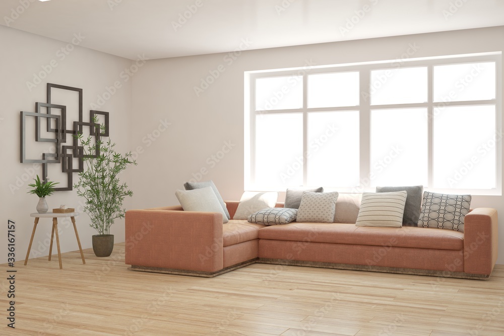 Fototapeta premium White living room with sofa. Scandinavian interior design. 3D illustration