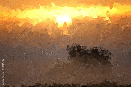 Impressionistic Style Artwork of Sunrise Breaking Through the Early Morning Fog