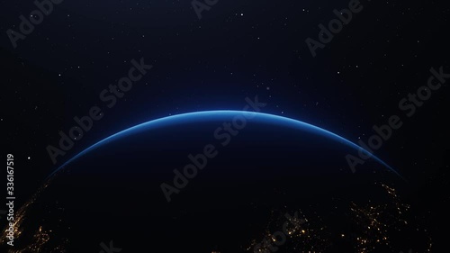 4K Beautiful sunrise world skyline. Planet earth from space. Planet earth rotating animation. Clip contains space, planet, galaxy, stars, cosmos, sea, earth
