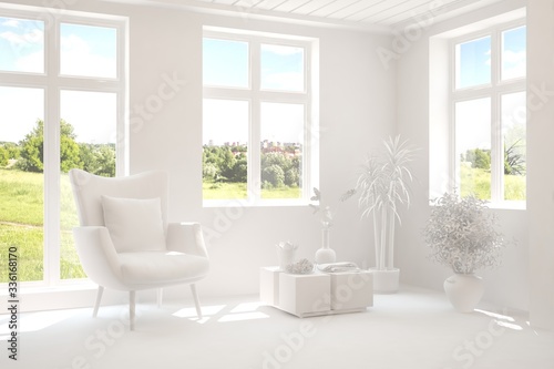 Mock up of stylish room in white color with armchair. Scandinavian interior design. 3D illustration © AntonSh