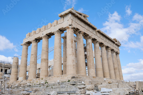 Parthenon. Emblematic temple restored in an archaeological site with Doric columns built in 447 a. C.