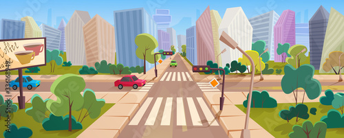 Crossroad and cityscape at big modern city cartoon vector panorama illustration concept. Colored cars go by road between garden squares, traffic lights stand along street, at background skyscrapers