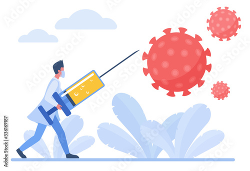 Doctor fighting with coronavirus using vaccine injection prick flat concept vector illustration. Virologists in uniform and protective mask vaccine research virus antibody concept.