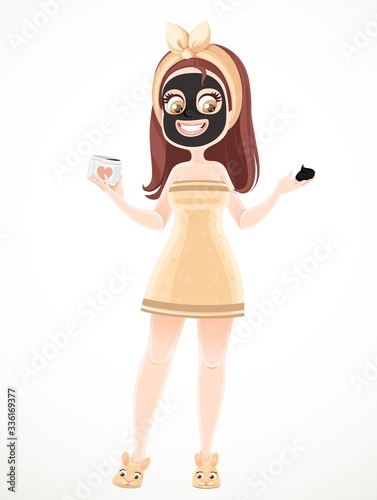 Cute girl in sauna towel with black cosmetic mask on face and can in hand isolated on white background © Azuzl