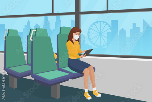 Pretty girl in medical face mask goes by bus quarantine time cartoon vector illustration. Young self care female in empty public transport salon using tablet. Coronavisrus covid 19 air pollution time.