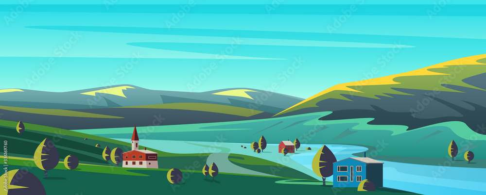 Small town in mountains flat cartoon landscape panorama vector illustration background. Calm picturesque landscape in valley between green hills, apartly standing houses, trees, under aquamarine sky