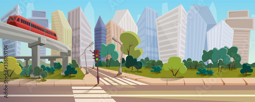 City crossroad cartoon landscape panorama vector illustration background concept. Wide empty street without people and cars, coronavirus epidemic time, sidewalks, traffic light, parks with trees