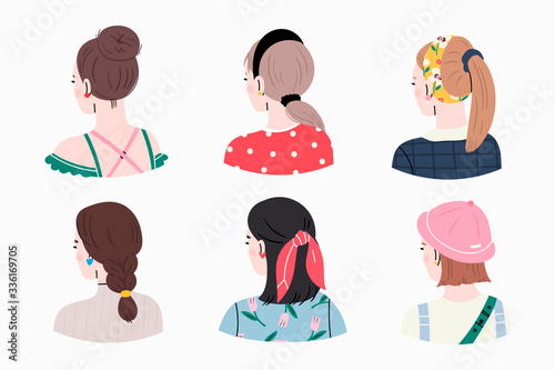 Set of young ladies with various Haircuts and accessories. Look from behind. Rear view. Women dressed in different clothes. Heads and shoulders. Beauty salon concept. Hand drawn Vector illustrations