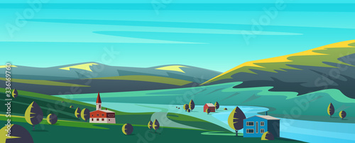 Small town in mountains flat cartoon landscape panorama vector illustration background. Calm picturesque landscape in valley between green hills, apartly standing houses, trees, under aquamarine sky
