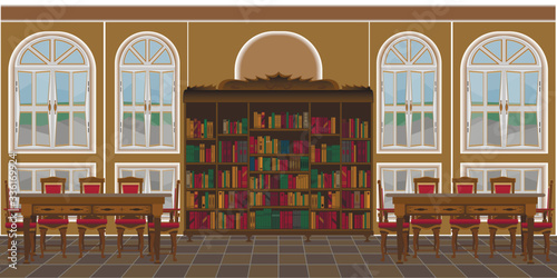 library interior with large windows and tables. Living Room Interior