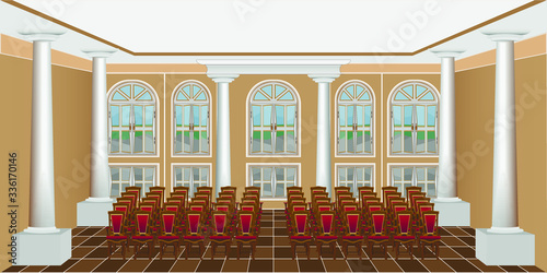 interior of a bright living room or concert hall with chairs and large windows