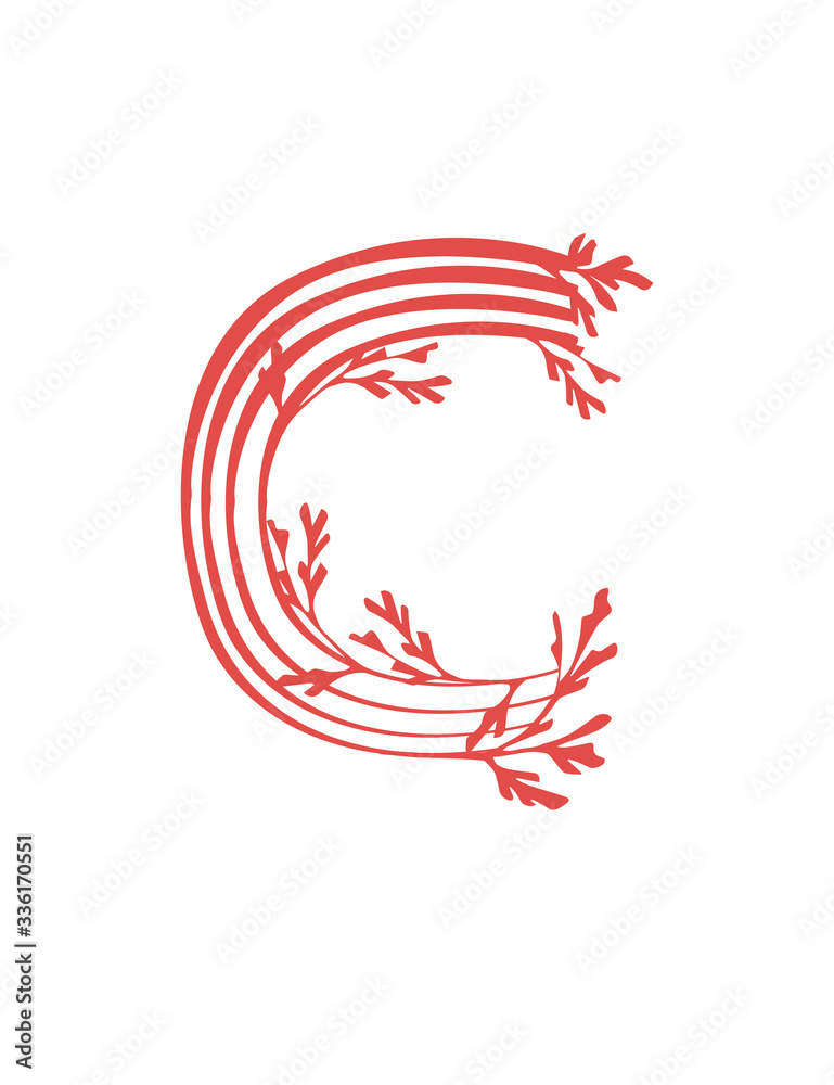 Letter C pink colored seaweeds underwater ocean plant sea coral elements flat vector illustration on white background