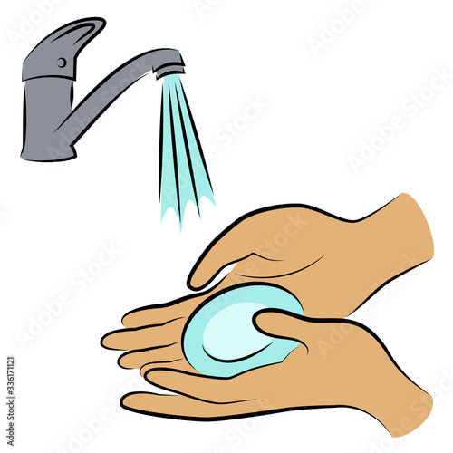 Wash hands with soap. Hygienic procedure. Disease prevention, good for health. Vector illustration.