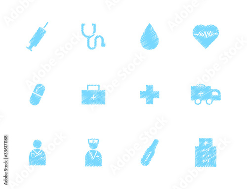 Hand rawn medical flat icons. Stroke vector elements for trendy and modern design. Vector line icons isolated on a white background. Vector illustration. Vintage texture icons.