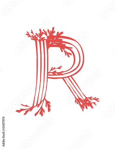 Letter R pink colored seaweeds underwater ocean plant sea coral elements flat vector illustration on white background © An-Maler