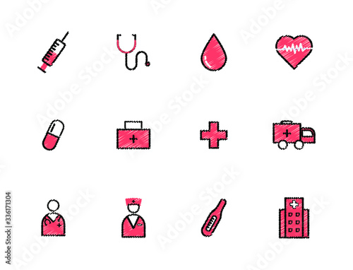 Hand rawn medical flat icons. Stroke vector elements for trendy and modern design. Vector line icons isolated on a white background. Vector illustration. Vintage texture icons.