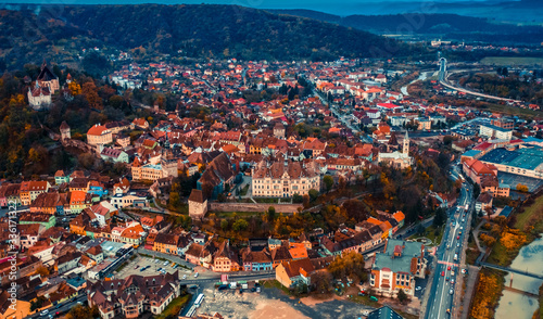 Sighisoara Citadel towering over modern european city