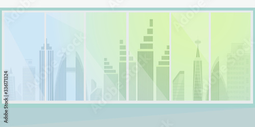 Background in the form of a large window with a view of the city, megalopolises. View from the window of skyscrapers.