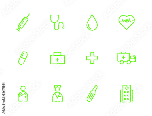 Hand rawn medical flat icons. Stroke vector elements for trendy and modern design. Vector line icons isolated on a white background. Vector illustration. Vintage texture icons.