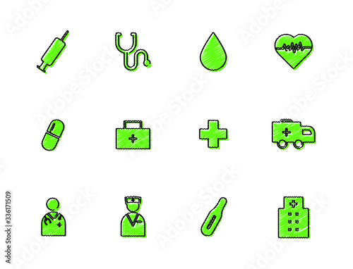 Hand rawn medical flat icons. Stroke vector elements for trendy and modern design. Vector line icons isolated on a white background. Vector illustration. Vintage texture icons.