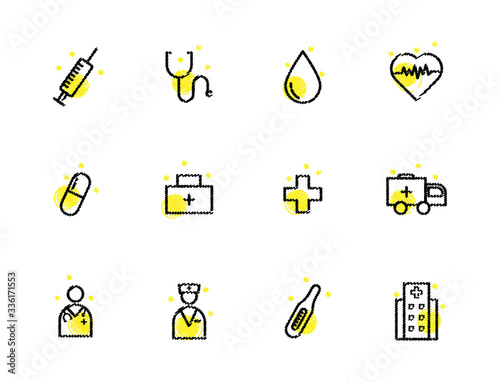 Hand rawn medical flat icons. Stroke vector elements for trendy and modern design. Vector line icons isolated on a white background. Vector illustration. Vintage texture icons.