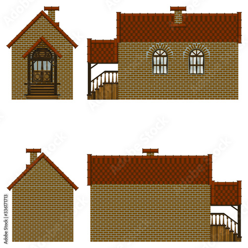 model of a small brick house with windows and a porch. On the four sides of the corner