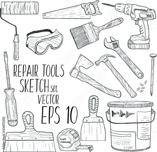 Hand draw sketch house remodel tools set.