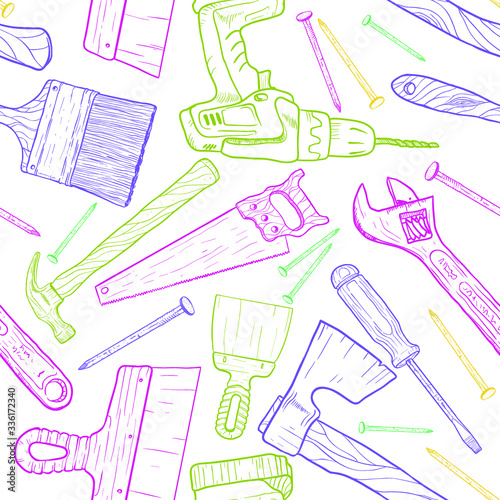 Hand draw sketch house remodel tools. seamless pattern vector.