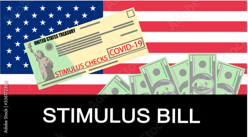 Individual checks and dollars on american flag. Financial incentive bill. Coronavirus Covid-19 concept. vector illustration