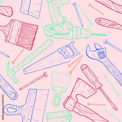 Hand draw sketch house remodel tools. seamless pattern vector.
