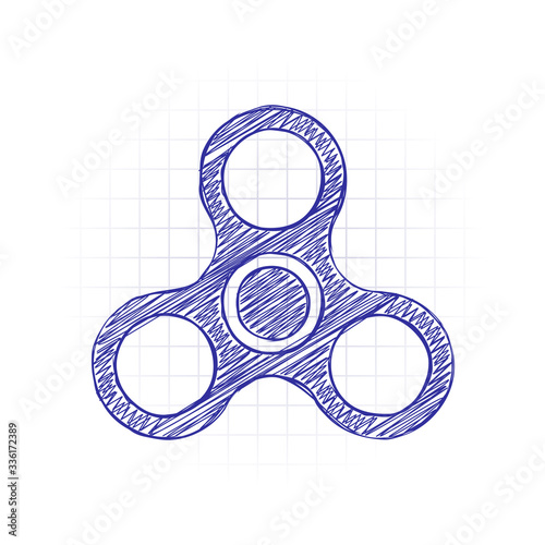 Spinner icon. Toy for stress relief. Hand drawn sketched picture with scribble fill. Blue ink. Doodle on white background