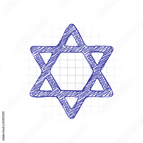 Star of david, simple icon. Hand drawn sketched picture with scribble fill. Blue ink. Doodle on white background