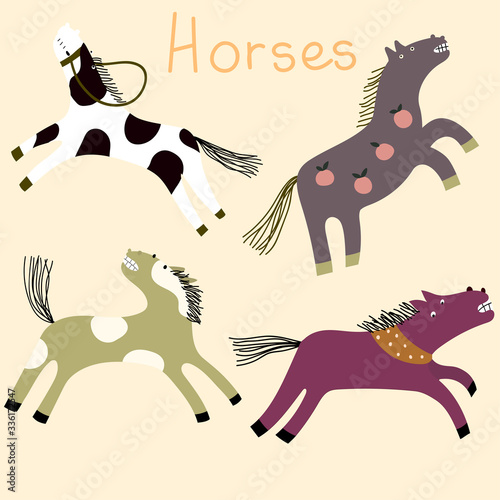 Set of different colorful galloping horses on the pink background. Cute vector cartoon childish illustration.
