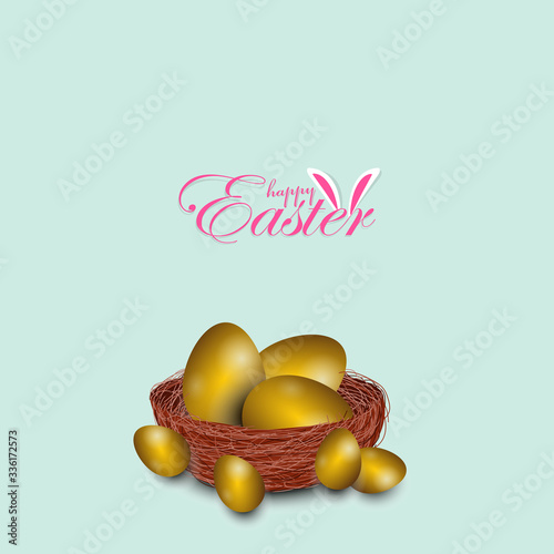 Easter poster and banner template with golden Easter eggs in the nest on on light blue background.Greetings and presents for Easter Day in flat lay styling.Promotion and shopping template for Easter