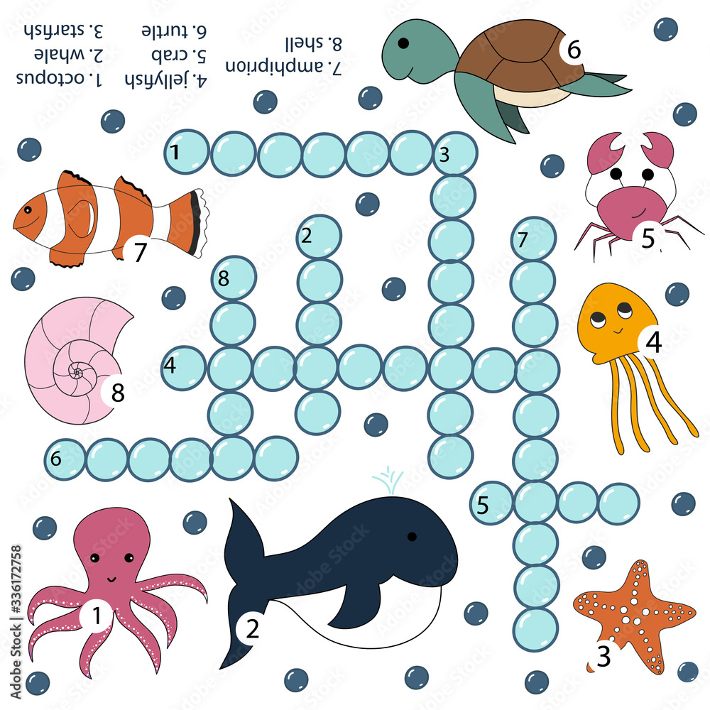Crosswords puzzle game of underwater animals for preschool kids