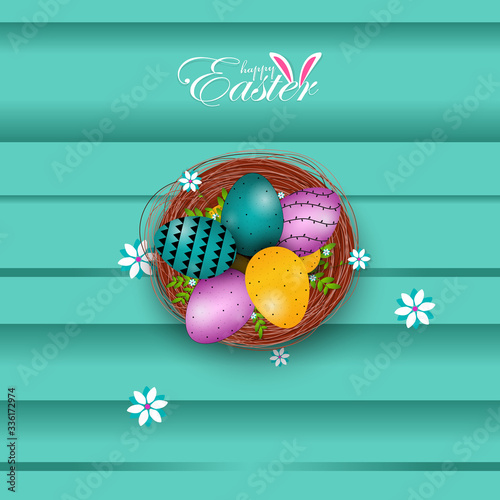 Happy Easter Poster and template with Easter eggs in the nest and flower on wood table background. Easter Day.Promotion and shopping template for Easter Day.Vector