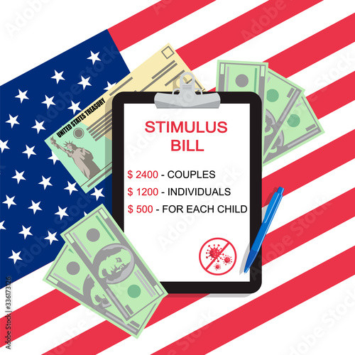Individual checks and dollars on american flag. Financial incentive bill. Coronavirus Covid-19 concept. vector illustration