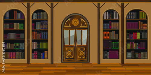 interior of a spacious library or living room with a large door