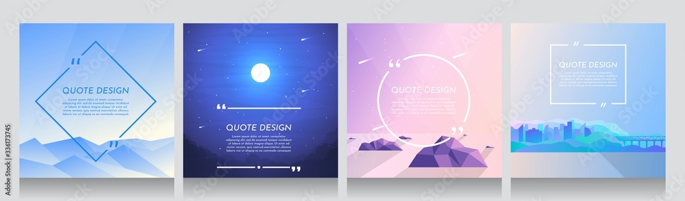 Minimalist vector backgrounds set of 4 landscapes. Social media, blog post templates. Alps with clear sky, night scene with moon light, rock island in water, futuristic city with train on bridge