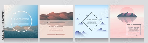 Minimalist vector backgrounds set of 4 landscapes. Social media, blog post templates. Forest and Himalayan mountains, rocks with reflection in water, peaks of mountains in fog, alone island