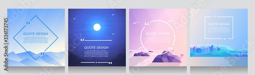 Minimalist vector backgrounds set of 4 landscapes. Social media, blog post templates. Alps with clear sky, night scene with moon light, rock island in water, futuristic city with train on bridge